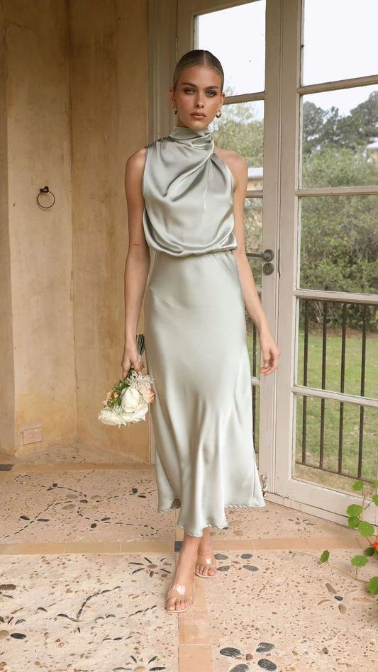 Celestine Halter Satin Midi Dress