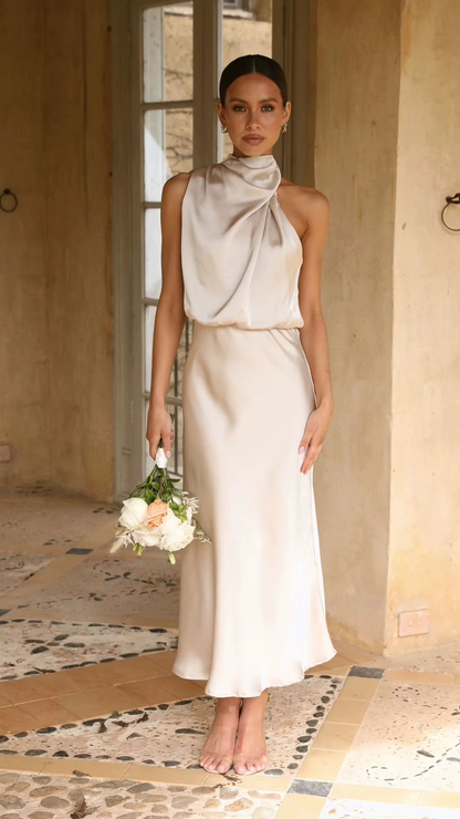 Celestine Halter Satin Midi Dress