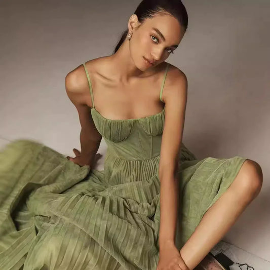 Verdae Pleated Corset Midi Dress